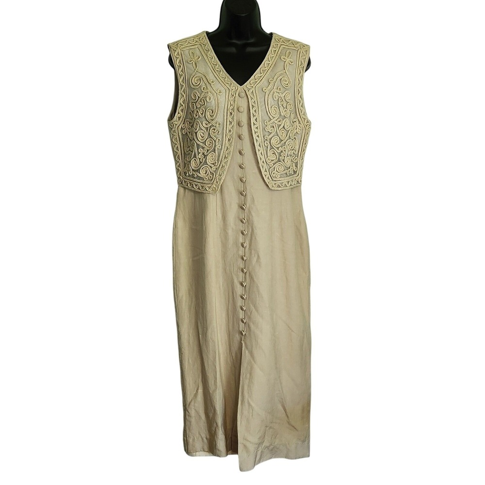 Vintage‎ Appraisal Vested Linen Dress Sleeveless Midi Beige Womens 11/12